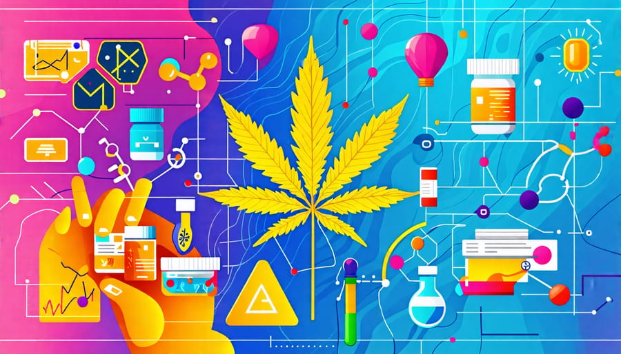 Icons representing cultural influences on the acceptance of THC in medicine