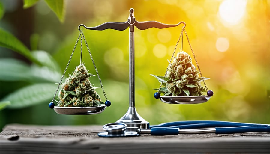 A conceptual balance scale with a THC molecule on one side and a stethoscope on the other, symbolizing the ethical considerations of THC's use in modern medicine.