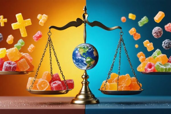 A conceptual image of scales balancing freeze-dried candies against ethical symbols like Earth and health icons, with a technological pattern background, representing the ethical implications in food preservation technology.