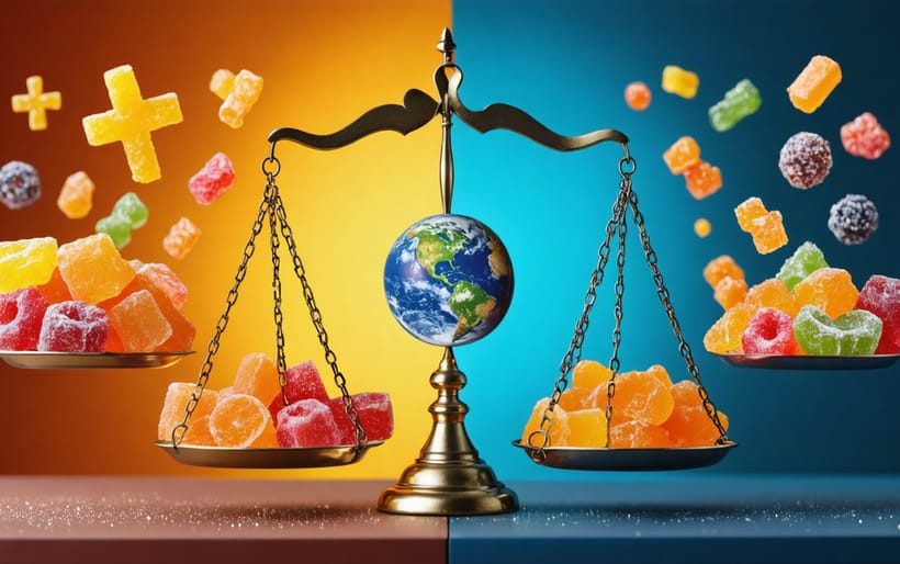 A conceptual image of scales balancing freeze-dried candies against ethical symbols like Earth and health icons, with a technological pattern background, representing the ethical implications in food preservation technology.