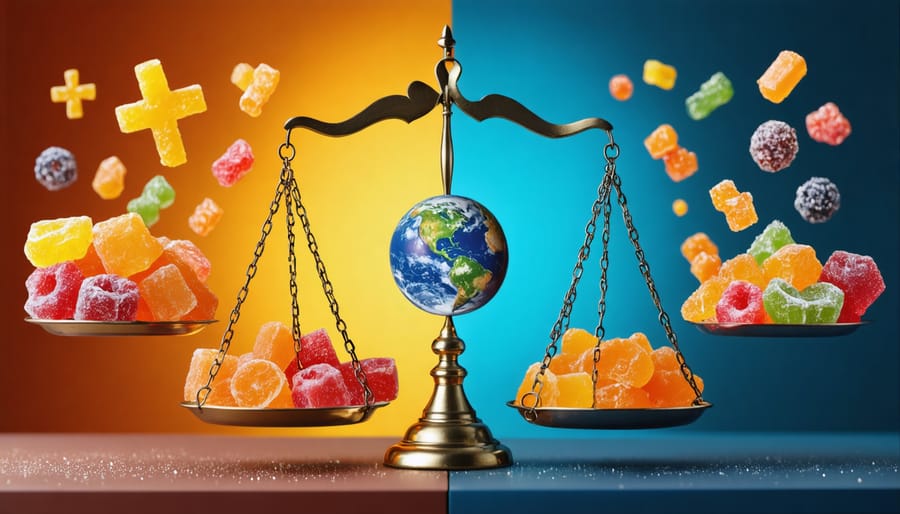 A conceptual image of scales balancing freeze-dried candies against ethical symbols like Earth and health icons, with a technological pattern background, representing the ethical implications in food preservation technology.