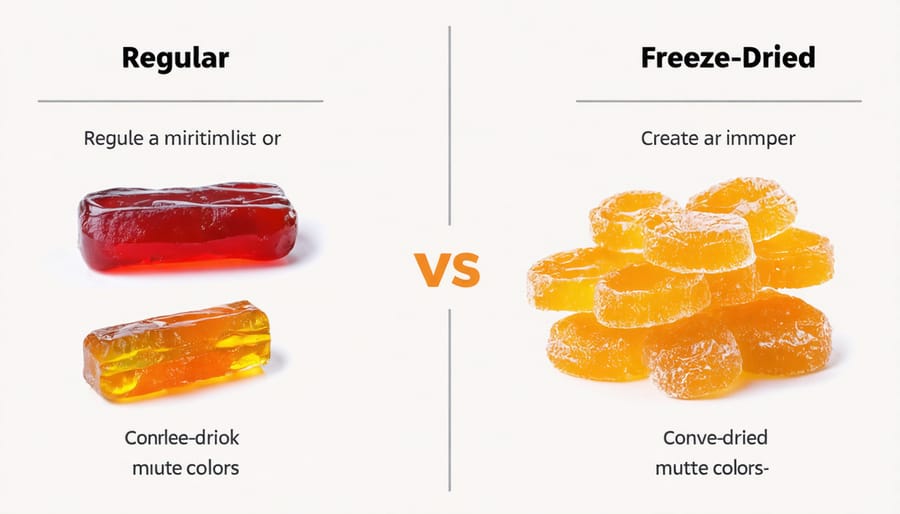 Chart comparing nutritional values such as sugar and calorie content between regular and freeze-dried candies